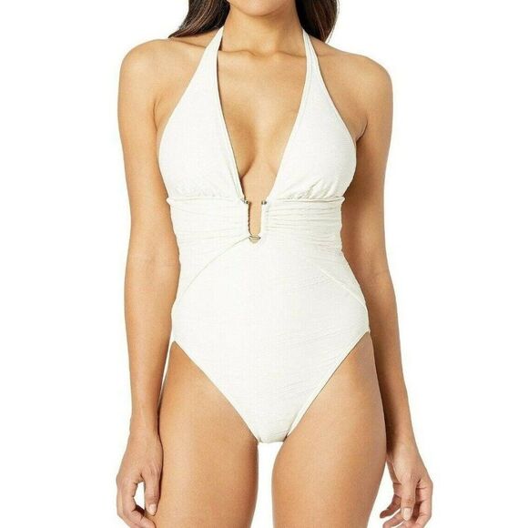 Vince Camuto Size 4 Sand Pacific Wave Plunging texture Swimsuit - New - Picture 1 of 7